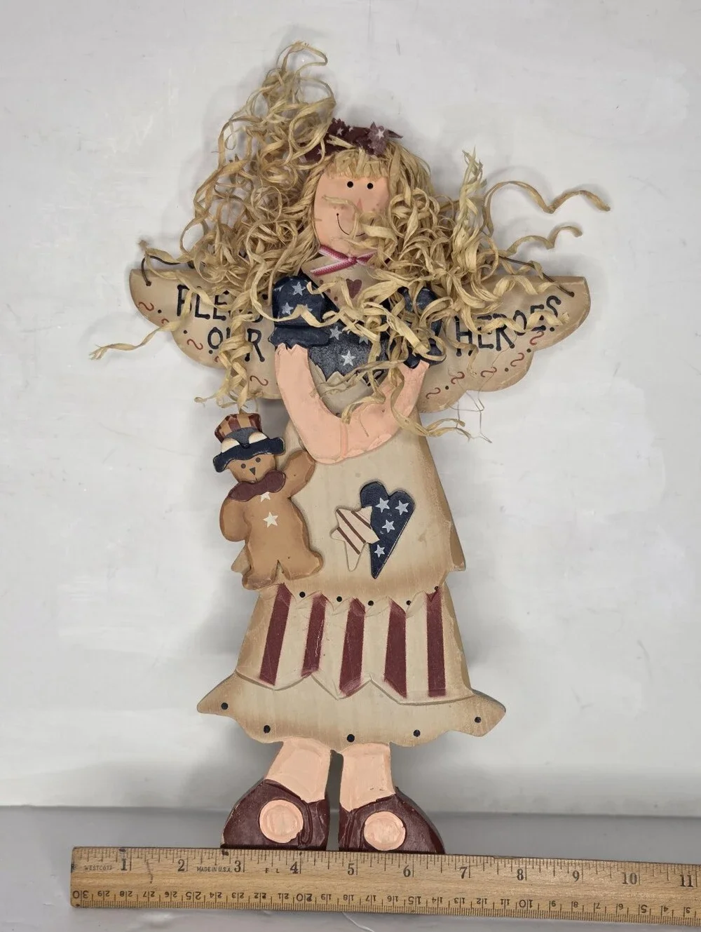 Patriotic Handcrafted Wooden Angel Doll Wall Hanging Bless Our Heroes Military